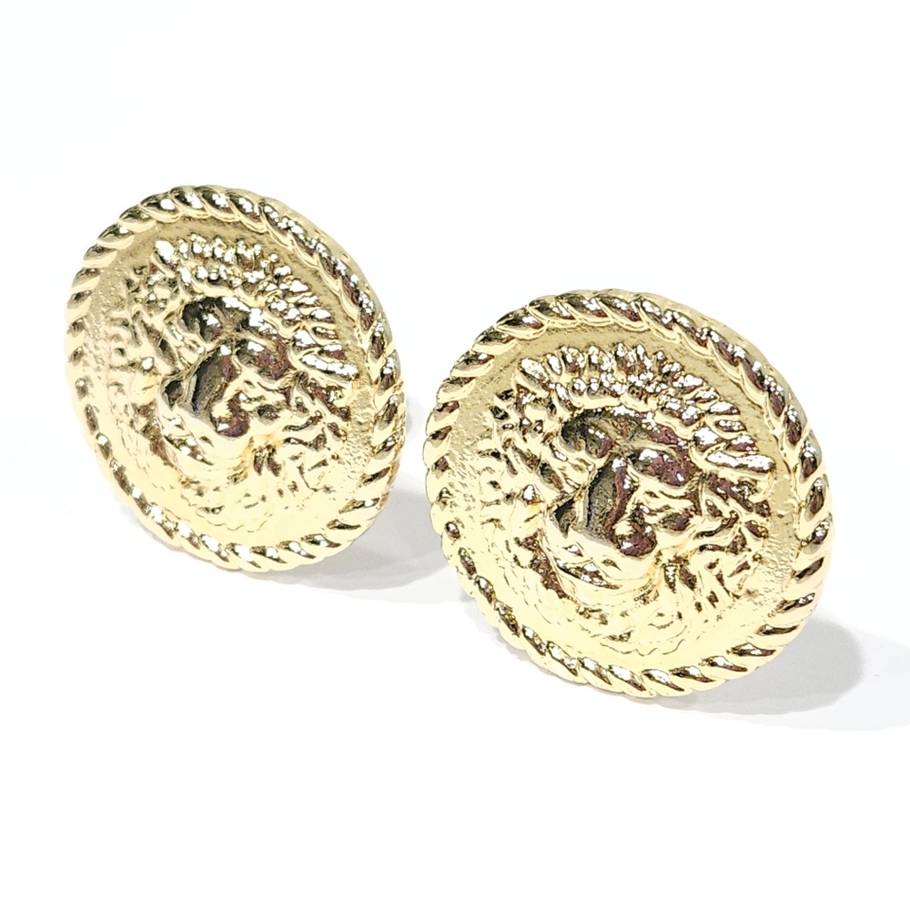 Vintage Versace Lion Coin Earrings 70s 80s Gold Tone Gianni Versace Clip Ons - Picture 15 of 17
